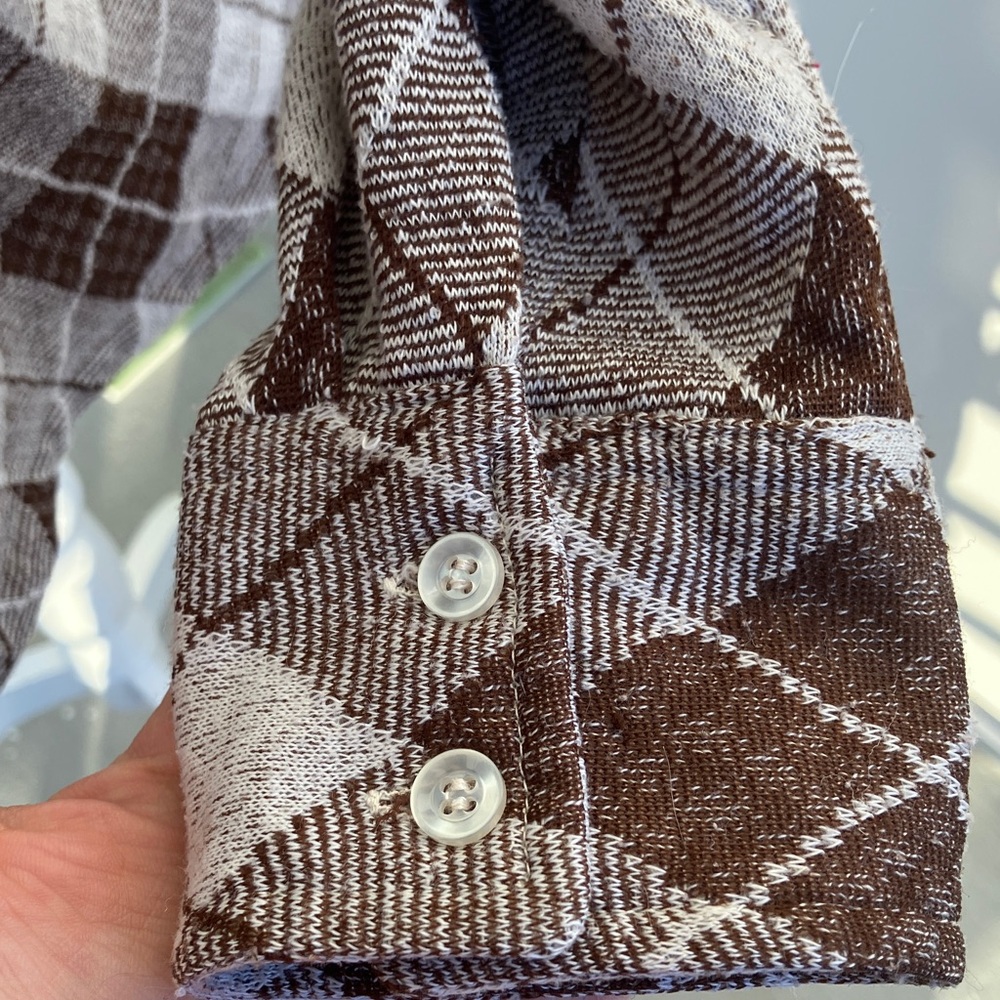 Vintage 60s 70s Preppy Brown Argyle Dagger Collar Button Down Long Sleeve Shirt - Picture 8 of 10